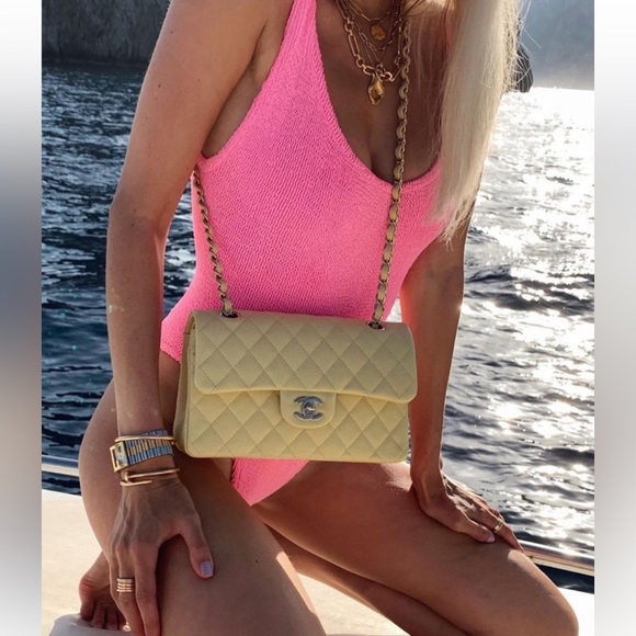 💛CHANEL Butter Yellow Bone Ivory East West Bijoux Silver Chain Quilted Flap Bag - Picture 12 of 16